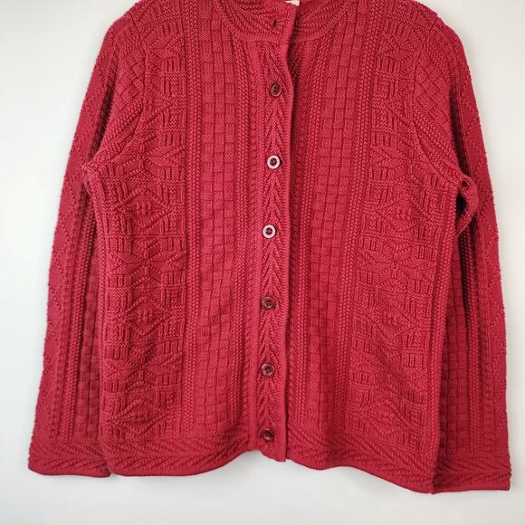 LL Bean Red Cotton Cable Knit Cardigan Sweater Medium Chunky Fisherman 278397 - Picture 3 of 6